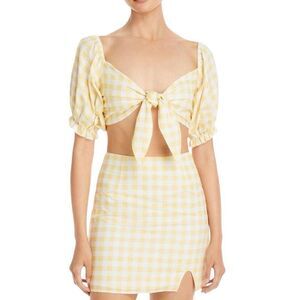 Charlie Holiday Revolve Ivy Cotton Knot Front Gingham Plaid Crop Top Yellow Sz 6